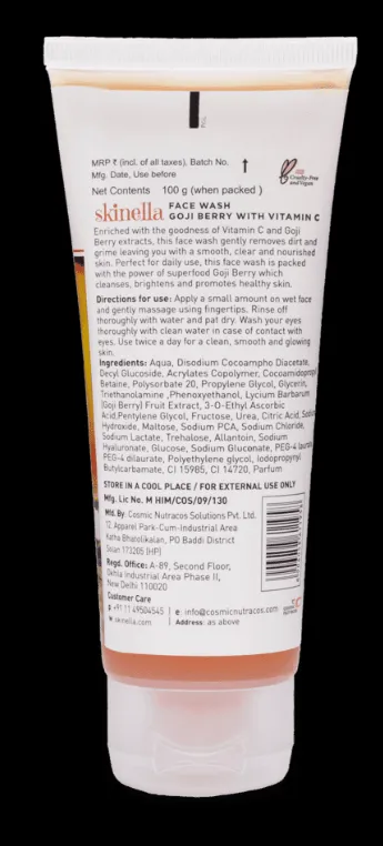 Skinella Gojiberry Vitamin C Face Wash 100g Brightening Anti-Acne Hydrating Cleanser for Glowing Skin Oil Control Deep Cleansing Paraben Free Facewash for Men Women India thumbnail 1