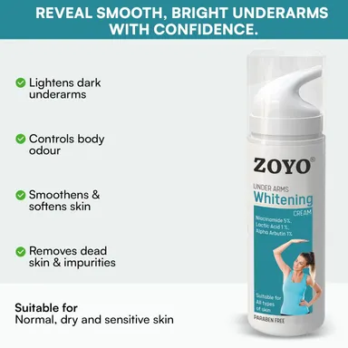 Zoyo Underarm Cream 75gm for Dark Underarms, Odour Control & Skin Brightening, Intimate Skin Care, Whitening & Pigmentation Reduction Formula for Smooth Soft Skin thumbnail 1
