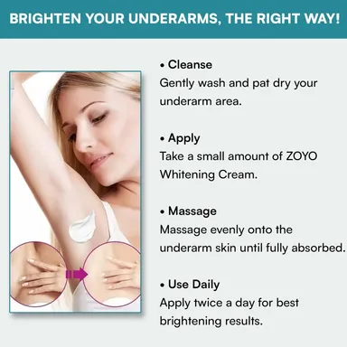 Zoyo Underarm Cream 75gm for Dark Underarms, Odour Control & Skin Brightening, Intimate Skin Care, Whitening & Pigmentation Reduction Formula for Smooth Soft Skin thumbnail 4