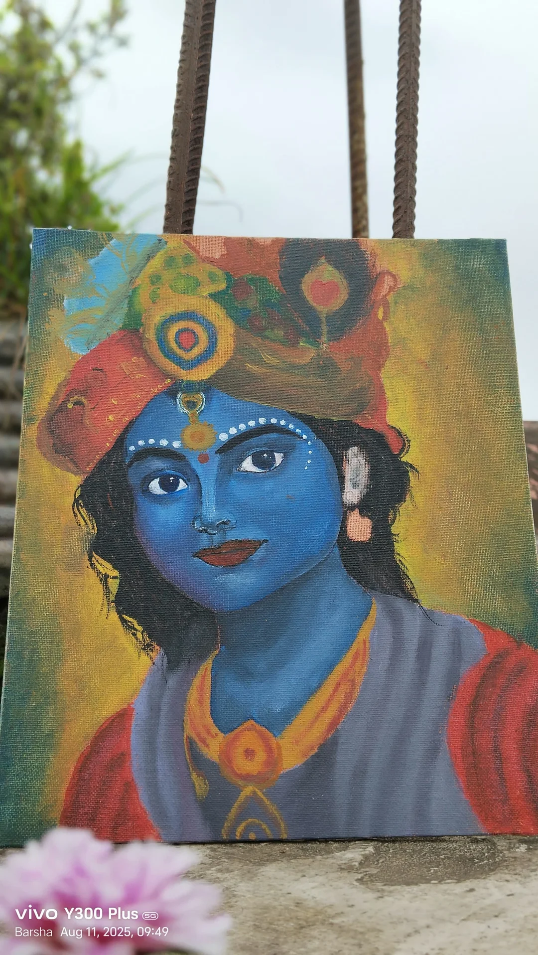 Handmade Lord Krishna Painting on Canvas with Flute and Peacock Feather Colourful Wall Art Spiritual Home Decor Gift for Living Room Bedroom India image 1