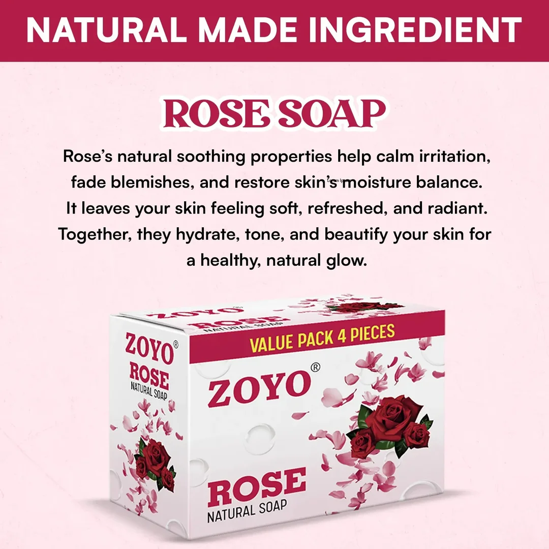 Zoyo Rose Soap 125g Pack of 4 Bathing Soap Bars with Rose Fragrance Moisturising Skin Cleansing Soap for Soft Smooth Glowing Skin Daily Use Personal Care Family Pack India image 2