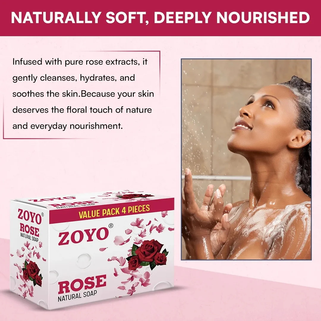 Zoyo Rose Soap 125g Pack of 4 Bathing Soap Bars with Rose Fragrance Moisturising Skin Cleansing Soap for Soft Smooth Glowing Skin Daily Use Personal Care Family Pack India image 3