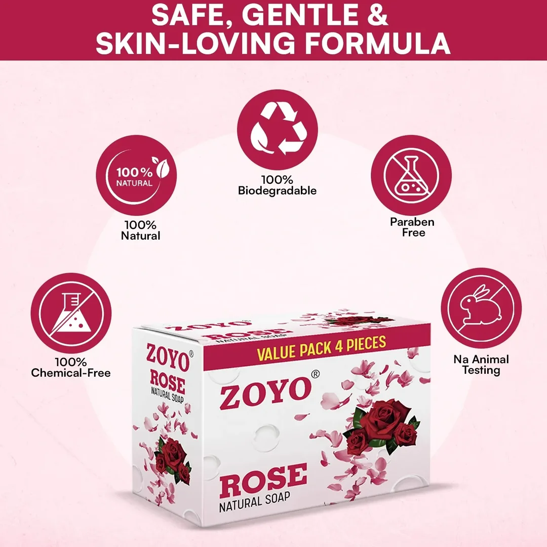 Zoyo Rose Soap 125g Pack of 4 Bathing Soap Bars with Rose Fragrance Moisturising Skin Cleansing Soap for Soft Smooth Glowing Skin Daily Use Personal Care Family Pack India image 4