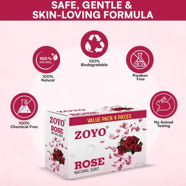 Zoyo Rose Soap 125g Pack of 4 Bathing Soap Bars with Rose Fragrance Moisturising Skin Cleansing Soap for Soft Smooth Glowing Skin Daily Use Personal Care Family Pack India thumbnail 3