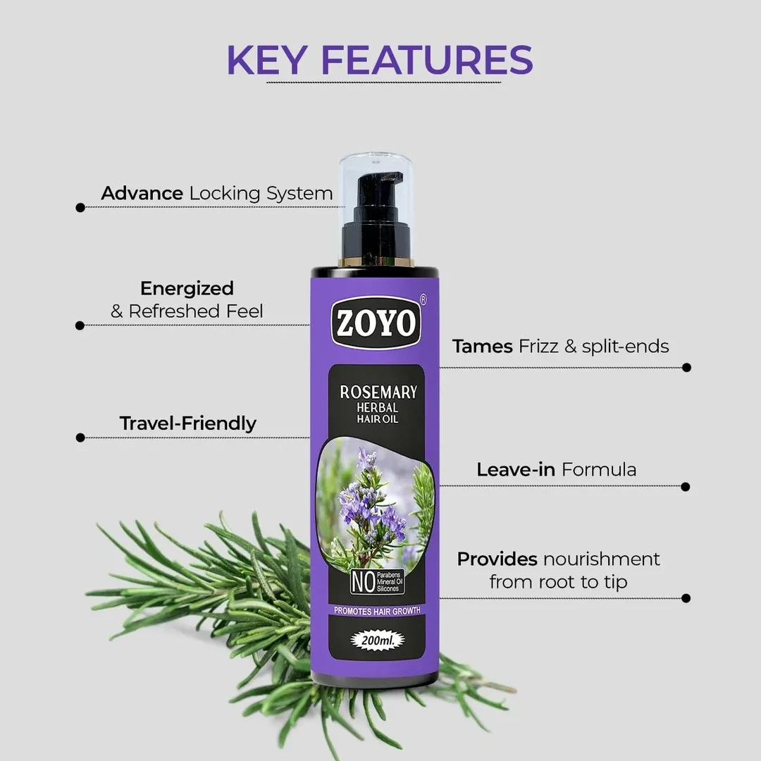 Zoyo Rosemary Hair Oil 200ml for Hair Growth Dandruff Control Natural Scalp Nourishment Non Sticky Herbal Hair Oil for Men and Women Mineral Oil Free Paraben Free Strengthening Hair Care Oil India image 2