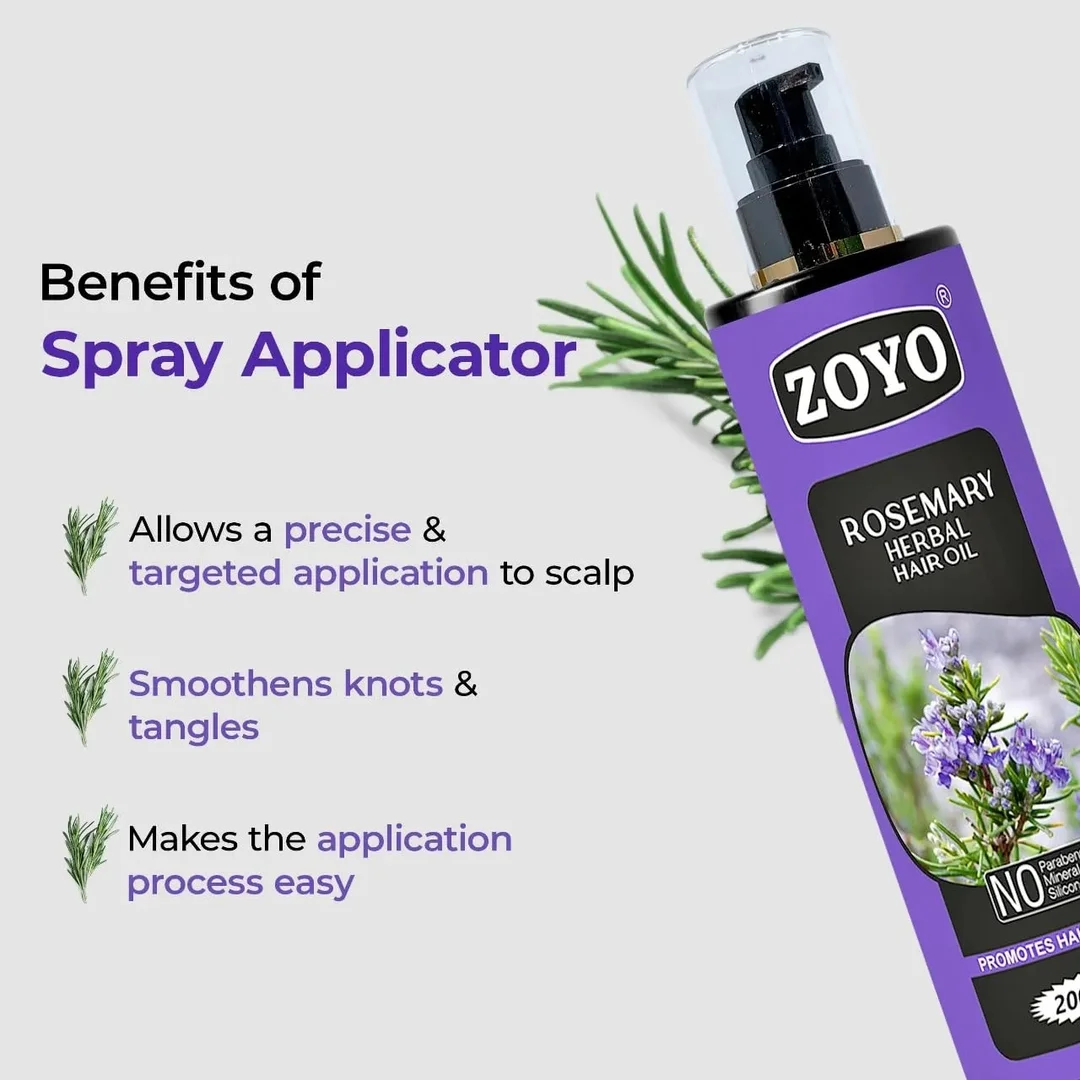 Zoyo Rosemary Hair Oil 200ml for Hair Growth Dandruff Control Natural Scalp Nourishment Non Sticky Herbal Hair Oil for Men and Women Mineral Oil Free Paraben Free Strengthening Hair Care Oil India image 3