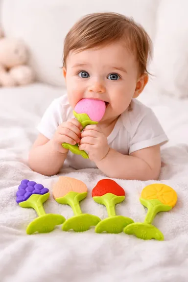 Baby Fruit Silicone Teether Set - BPA-Free Soft Sensory Teething Toys for Babies & Toddlers - Includes Grape, Peach, Strawberry, and Orange Shapes - Easy Grip & Textured Relief for Sore Gums thumbnail 0