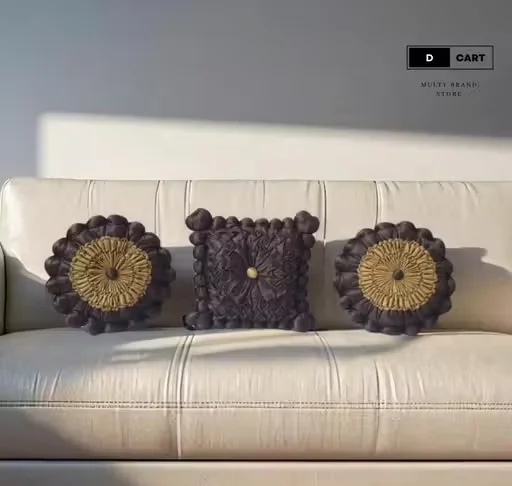 3 Cushions Combo Set of 3 (2 Round 1 Square) Washable Cotton Sofa Cushions Handmade Decorative Pillow Cushions Car Seat Cushion Home Decor Coffee Colour 35 cm Soft Durable India Pack of 3 image 1