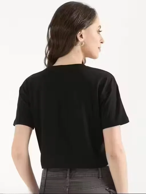 Trendy Women Printed Cotton Crop Top Casual Stylish Short Sleeve Summer T Shirt Breathable Soft Fabric Slim Fit Fashion Top for Girls Daily Wear College Outfit India Black S image 2