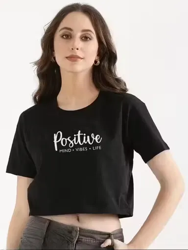 Trendy Women Printed Cotton Crop Top Casual Stylish Short Sleeve Summer T Shirt Breathable Soft Fabric Slim Fit Fashion Top for Girls Daily Wear College Outfit India Black S thumbnail 0
