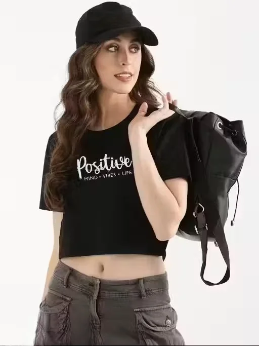 Trendy Women Printed Cotton Crop Top Casual Stylish Short Sleeve Summer T Shirt Breathable Soft Fabric Slim Fit Fashion Top for Girls Daily Wear College Outfit India Black L image 3