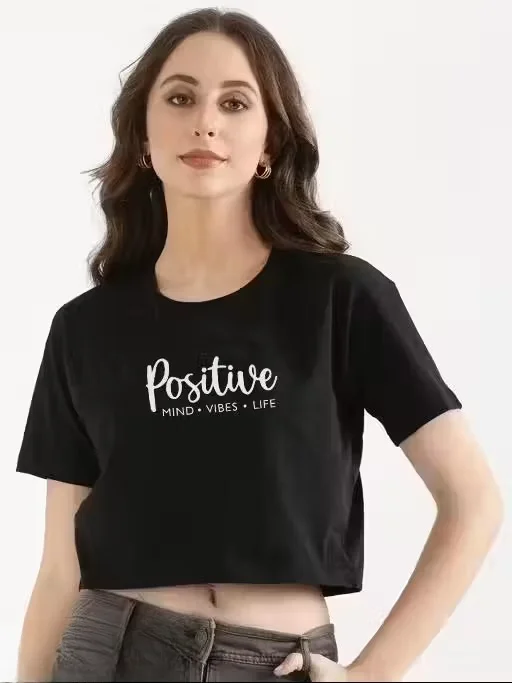 Trendy Women Printed Cotton Crop Top Casual Stylish Short Sleeve Summer T Shirt Breathable Soft Fabric Slim Fit Fashion Top for Girls Daily Wear College Outfit India Black XL image 1