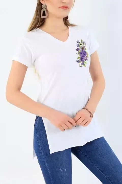 Women V-Neck Short White Kurti T-Shirt Cotton Blend Casual Ethnic Fusion Top for Ladies Summer Wear Lightweight Breathable Daily Wear Stylish Office College Kurti Tee White M image 2