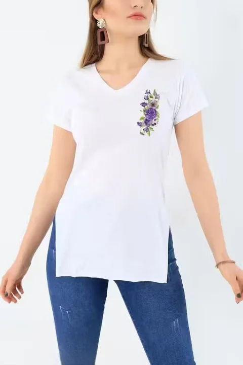 Women V-Neck Short White Kurti T-Shirt Cotton Blend Casual Ethnic Fusion Top for Ladies Summer Wear Lightweight Breathable Daily Wear Stylish Office College Kurti Tee White M image 3