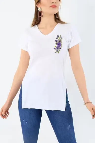 Women V-Neck Short White Kurti T-Shirt Cotton Blend Casual Ethnic Fusion Top for Ladies Summer Wear Lightweight Breathable Daily Wear Stylish Office College Kurti Tee White M thumbnail 2