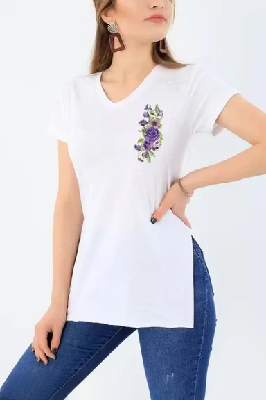 Women V-Neck Short White Kurti T-Shirt Cotton Blend Casual Ethnic Fusion Top for Ladies Summer Wear Lightweight Breathable Daily Wear Stylish Office College Kurti Tee White M thumbnail 0