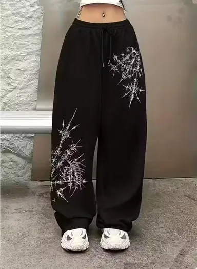 Women Black Printed Cotton Jogger Pants Elastic Waist Daily Wear Track Pants Casual Lounge Bottoms Stretchable Ankle Fit Sweatpants for Girls Gym Yoga Travel Black 36 thumbnail 0