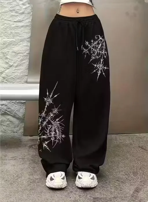 Women Black Printed Cotton Jogger Pants Elastic Waist Daily Wear Track Pants Casual Lounge Bottoms Stretchable Ankle Fit Sweatpants for Girls Gym Yoga Travel Black 38 image 1