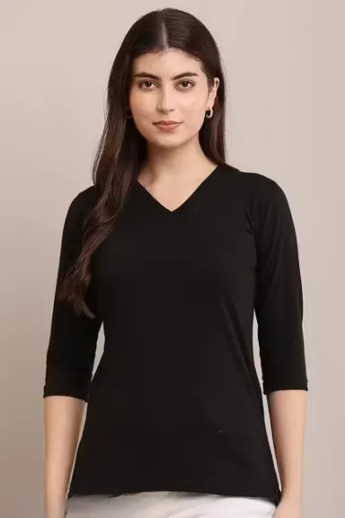 Girls Pure Cotton V-Neck Top Breathable Soft Fabric Casual Daily Wear T-Shirt for Kids Lightweight Summer Outfit Stylish Girls Clothing India Black S thumbnail 0