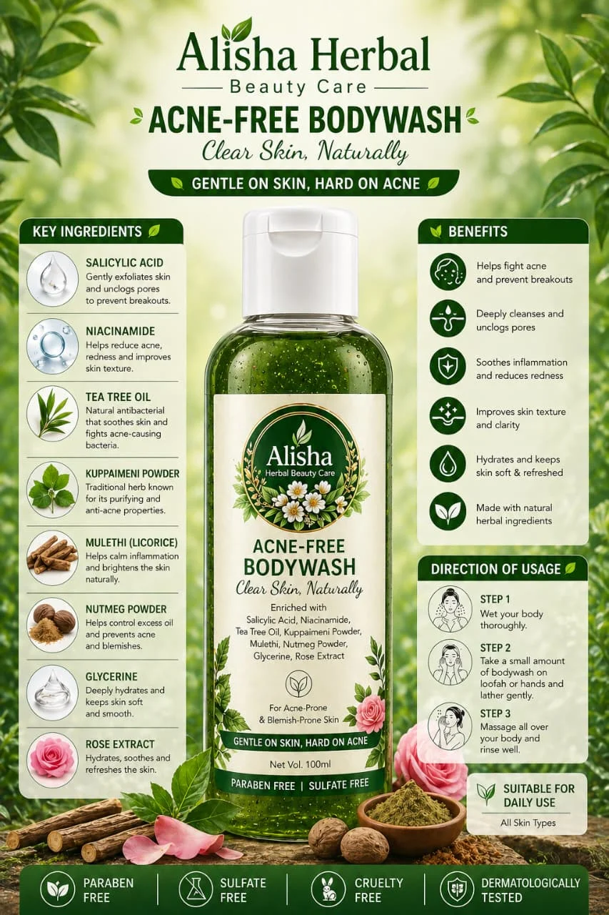 Acne Free Body Wash by Alisha Herbal Beauty Care Herbal Anti Acne Shower Gel for Body Acne Control Back Chest Breakouts Pore Cleansing Deep Hydrating Gentle Skin Cleanser for Men Women India image 1