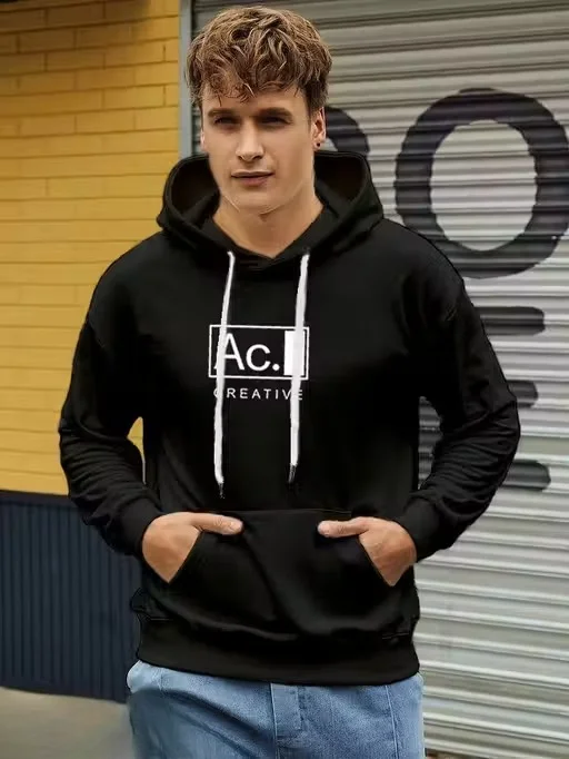 Men Full Sleeve Cotton Blend Hoodie T Shirt Black Casual Hooded Sweatshirt Lightweight Winter Wear Slim Fit Stylish Streetwear Pullover for Men India Black S image 1