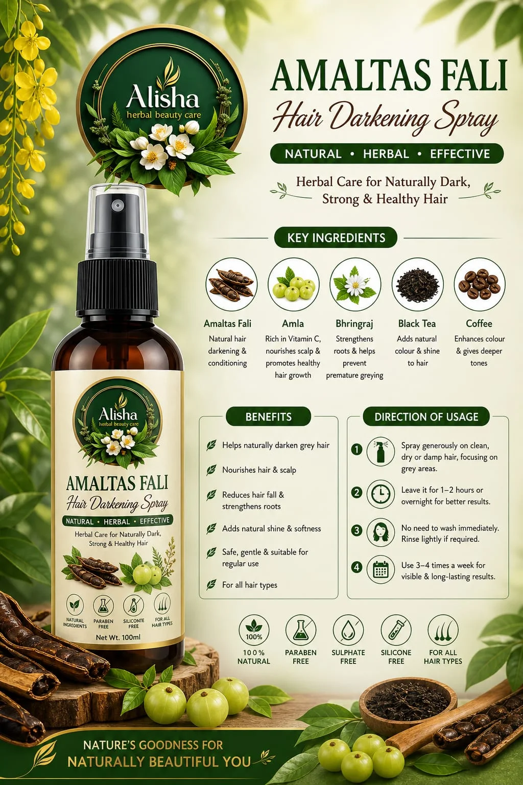 Alisha Herbal Beauty Care Amaltas Fali Hair Darkening Spray Natural Herbal Hair Color Restore Spray for Grey Hair Coverage Anti Grey Hair Treatment Leave-In Scalp Nourishing Hair Darkening Solution for Men Women India image 1