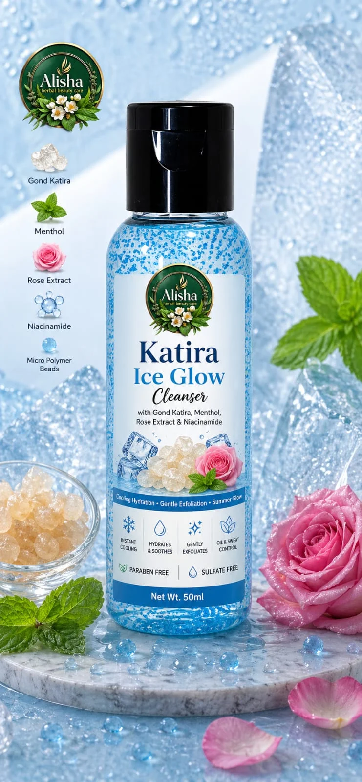 Katira Ice Glow Cleanser Cooling Hydrating Face Wash for Summer Skin Brightening Deep Pore Cleansing Oil Control Refreshing Herbal Cleanser for Glowing Clear Skin Men Women India image 1