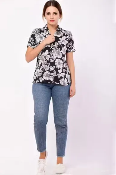 Women Black Printed Shirt Cotton Casual Full Sleeve Button Down Western Wear Stylish Office Wear Top for Daily Wear, College & Formal Use India Black XL thumbnail 2