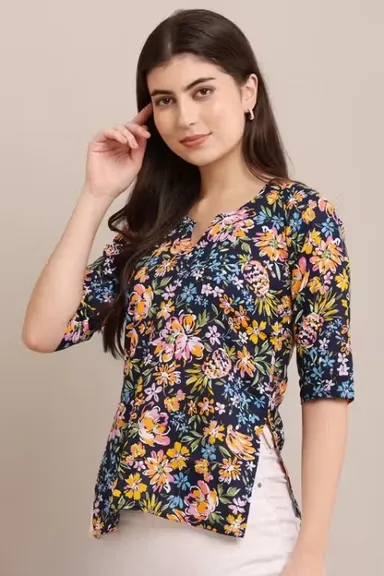 Girls Pure Cotton V-Neck Short Kurti for Daily Wear, Casual Ethnic Tunic Top for Girls, Lightweight Breathable Summer Fashion Kurta Style Top Multicolor S thumbnail 2