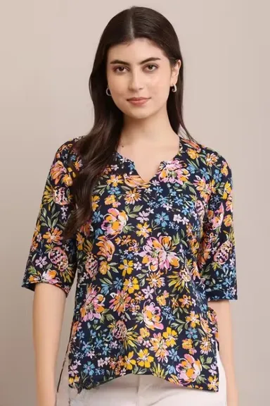 Girls Pure Cotton V-Neck Short Kurti for Daily Wear, Casual Ethnic Tunic Top for Girls, Lightweight Breathable Summer Fashion Kurta Style Top Multicolor M thumbnail 0
