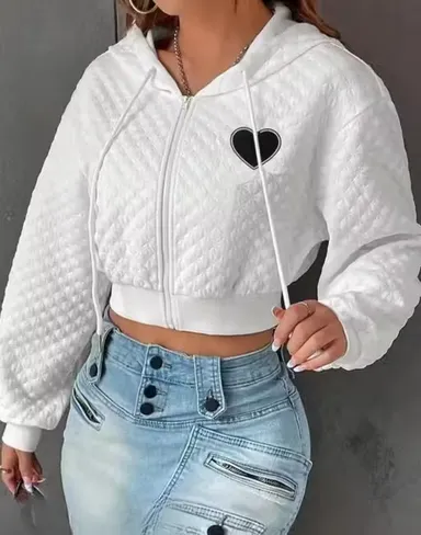 Women White Cotton Blend Crop Hoodie Jacket Full Sleeve Casual Zip Up Streetwear Cropped Sweatshirt Top for Girls Fashion Winter Lightweight Layering Wear White M thumbnail 0