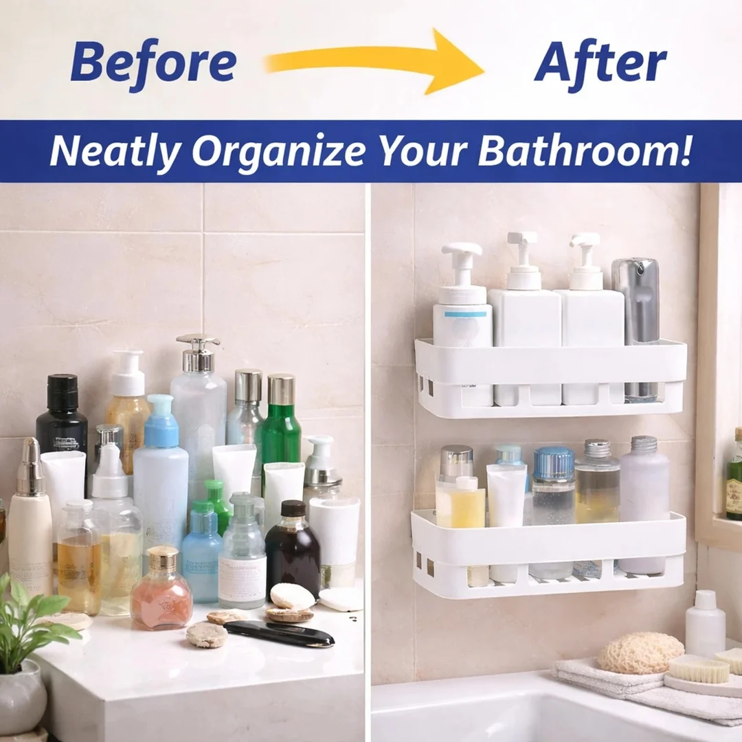 HousePill Wall Mounted Bathroom Shelf Organizer Self Adhesive No Drill Waterproof Space Saving Bathroom Storage Rack for Toiletries Shampoo Soap White Modern Plastic Wall Storage Solution India image 2
