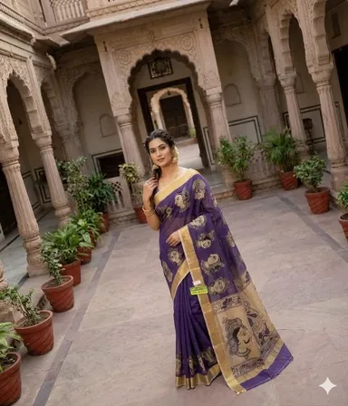 Ethnic Purple Kota Cotton Saree with Traditional Kalamkari Face Prints Zari Border Lightweight Handcrafted Kota Doria Saree for Women Festive Wear Elegant Traditional Saree India thumbnail 1