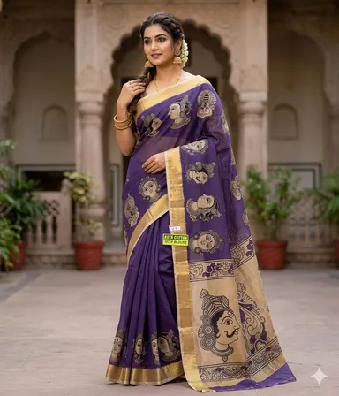 Ethnic Purple Kota Cotton Saree with Traditional Kalamkari Face Prints Zari Border Lightweight Handcrafted Kota Doria Saree for Women Festive Wear Elegant Traditional Saree India thumbnail 0