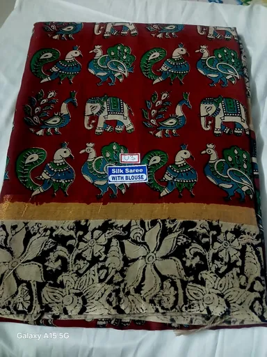 Maroon Banarasi Silk Saree with Elephant Peacock Kalamkari Prints Zari Border Traditional Designer Wedding Festive Wear Ethnic Saree for Women India thumbnail 1