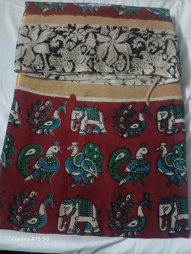 Maroon Banarasi Silk Saree with Elephant Peacock Kalamkari Prints Zari Border Traditional Designer Wedding Festive Wear Ethnic Saree for Women India thumbnail 3