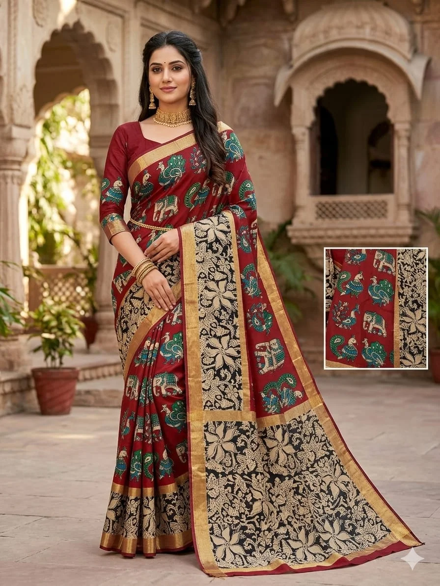 Maroon Banarasi Silk Saree with Elephant Peacock Kalamkari Prints Zari Border Traditional Designer Wedding Festive Wear Ethnic Saree for Women India image 1