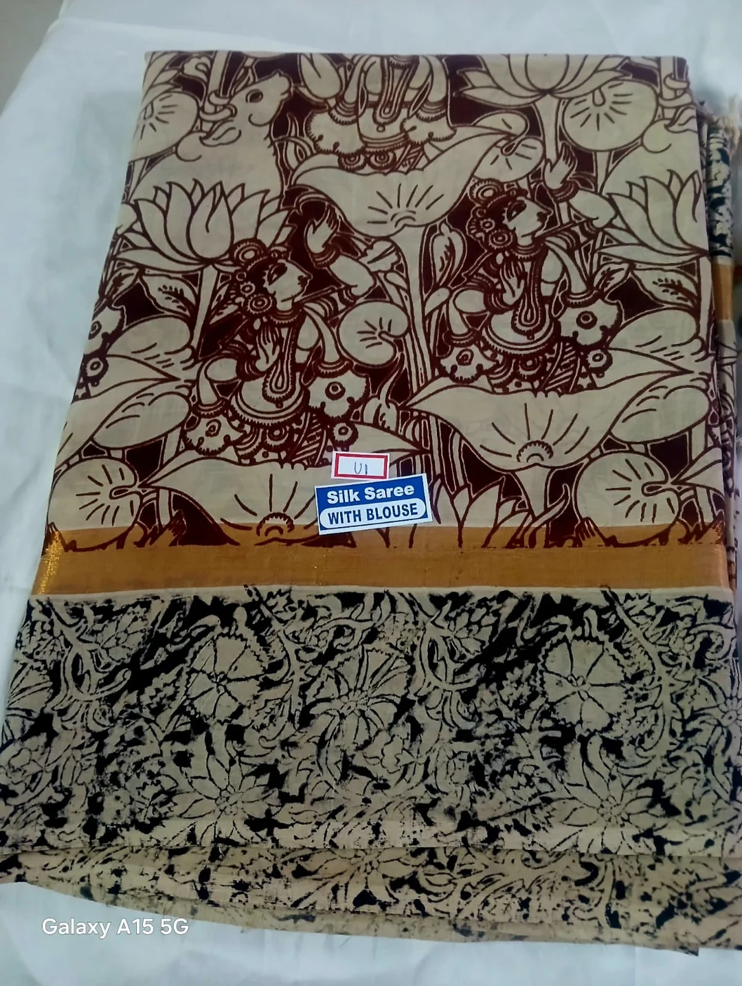 Cream and Maroon Kalamkari Silk Saree with Lotus Floral Prints Golden Zari Border Traditional Banarasi Style Wedding Festive Wear Designer Ethnic Saree for Women image 2
