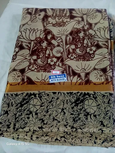 Cream and Maroon Kalamkari Silk Saree with Lotus Floral Prints Golden Zari Border Traditional Banarasi Style Wedding Festive Wear Designer Ethnic Saree for Women thumbnail 1