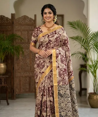 Cream and Maroon Kalamkari Silk Saree with Lotus Floral Prints Golden Zari Border Traditional Banarasi Style Wedding Festive Wear Designer Ethnic Saree for Women thumbnail 0