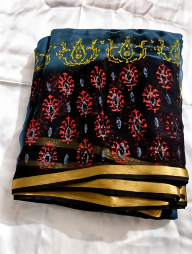 Ethnic Floral Print Party Wear Saree Prussian Blue Black Georgette Designer Saree for Women Wedding Festive Wear Lightweight Stylish Traditional Indian Saree thumbnail 2