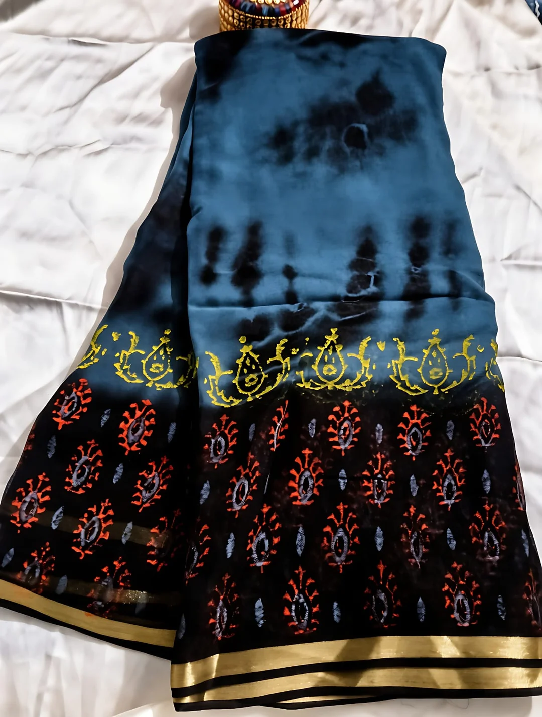 Ethnic Floral Print Party Wear Saree Prussian Blue Black Georgette Designer Saree for Women Wedding Festive Wear Lightweight Stylish Traditional Indian Saree image 4