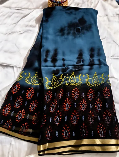 Ethnic Floral Print Party Wear Saree Prussian Blue Black Georgette Designer Saree for Women Wedding Festive Wear Lightweight Stylish Traditional Indian Saree thumbnail 3