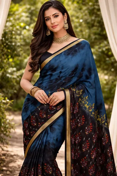 Ethnic Floral Print Party Wear Saree Prussian Blue Black Georgette Designer Saree for Women Wedding Festive Wear Lightweight Stylish Traditional Indian Saree thumbnail 0
