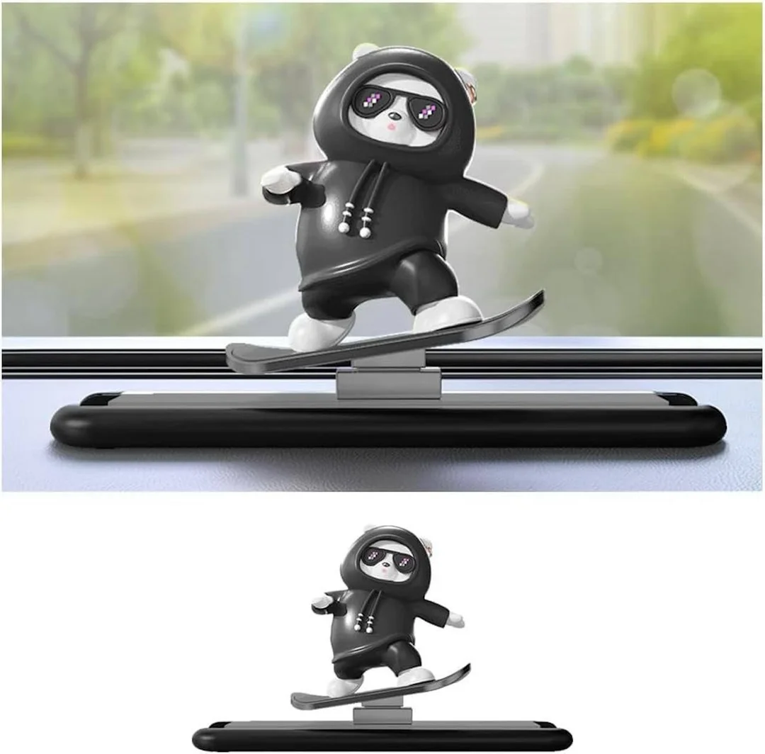 Cute Skateboarding Panda Car Dashboard Ornament with Bobble Head Action Cool Panda Figurine in Hoodie with Sunglasses, Shake Head Interior Decoration for Car Dashboard, Office Desk and Home Decor Gift image 1