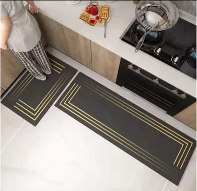 Kitchen Floor Mat Set of 2 Anti Slip Absorbent Rectangular Printed Mats for Sink Stove Counter Area Placement Soft Quick Dry Rugs with Geometric Floral Kitchen Theme Design for Home Office Use India thumbnail 0