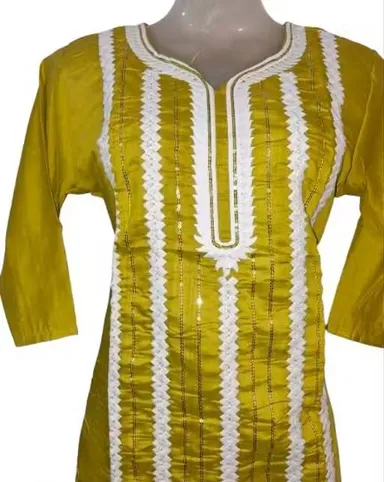 Elegant Women’s Yellow Cotton Kurti with White Ethnic Print Straight Fit Daily Wear Office Wear Casual Kurta Soft Breathable Summer Ethnic Wear India kurti L thumbnail 1