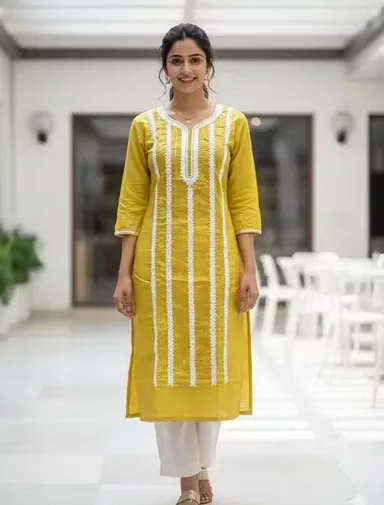 Elegant Women’s Yellow Cotton Kurti with White Ethnic Print Straight Fit Daily Wear Office Wear Casual Kurta Soft Breathable Summer Ethnic Wear India kurti L thumbnail 0