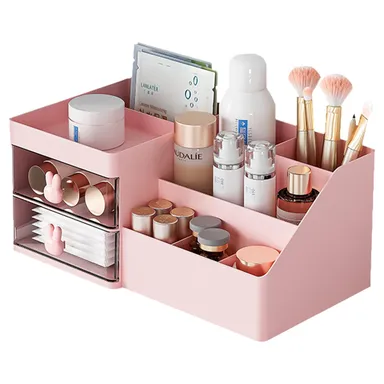 Makeup Organizer Cosmetic Storage Box with Drawers Pink Vanity Desk Organizer for Skincare Brushes Lipstick Perfume Bathroom Countertop Dressing Table thumbnail 2