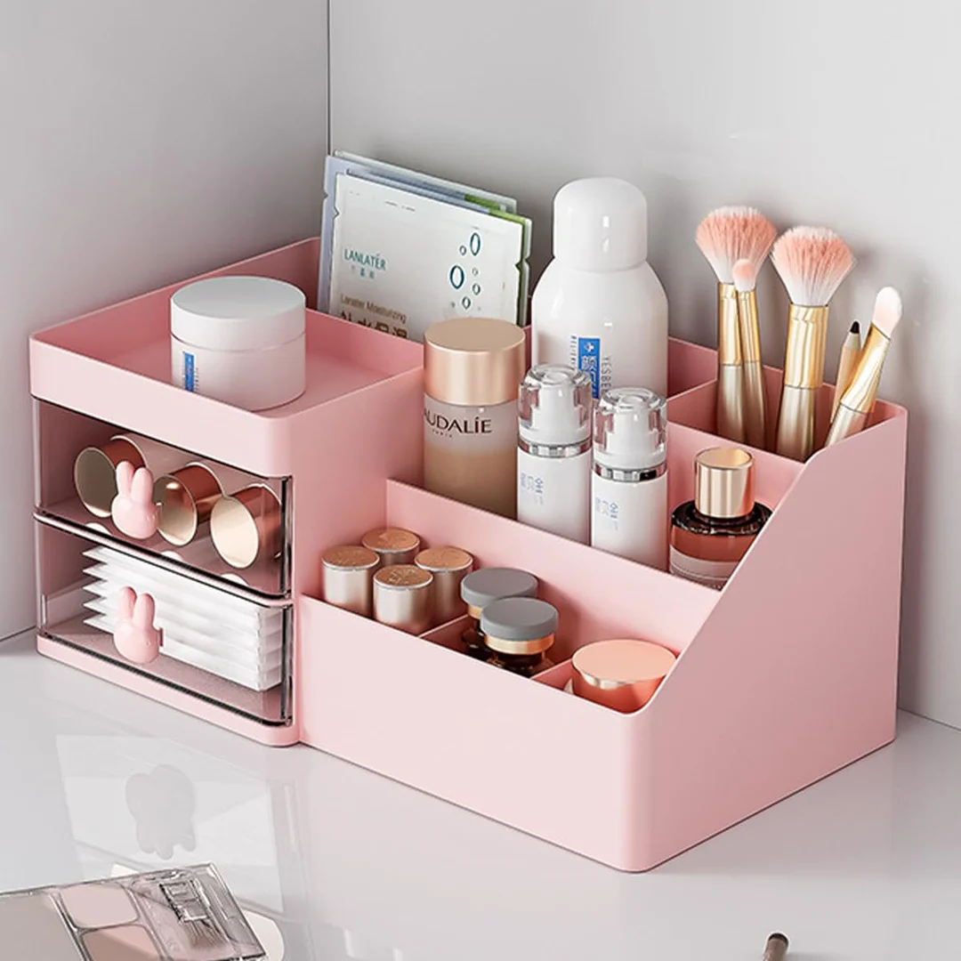 Makeup Organizer Cosmetic Storage Box with Drawers Pink Vanity Desk Organizer for Skincare Brushes Lipstick Perfume Bathroom Countertop Dressing Table image 4